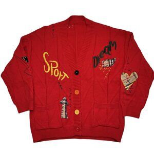 Ebossy Knit Cardigan Red Colorful Embroidery Patches Women Medium Streetwear Y2K